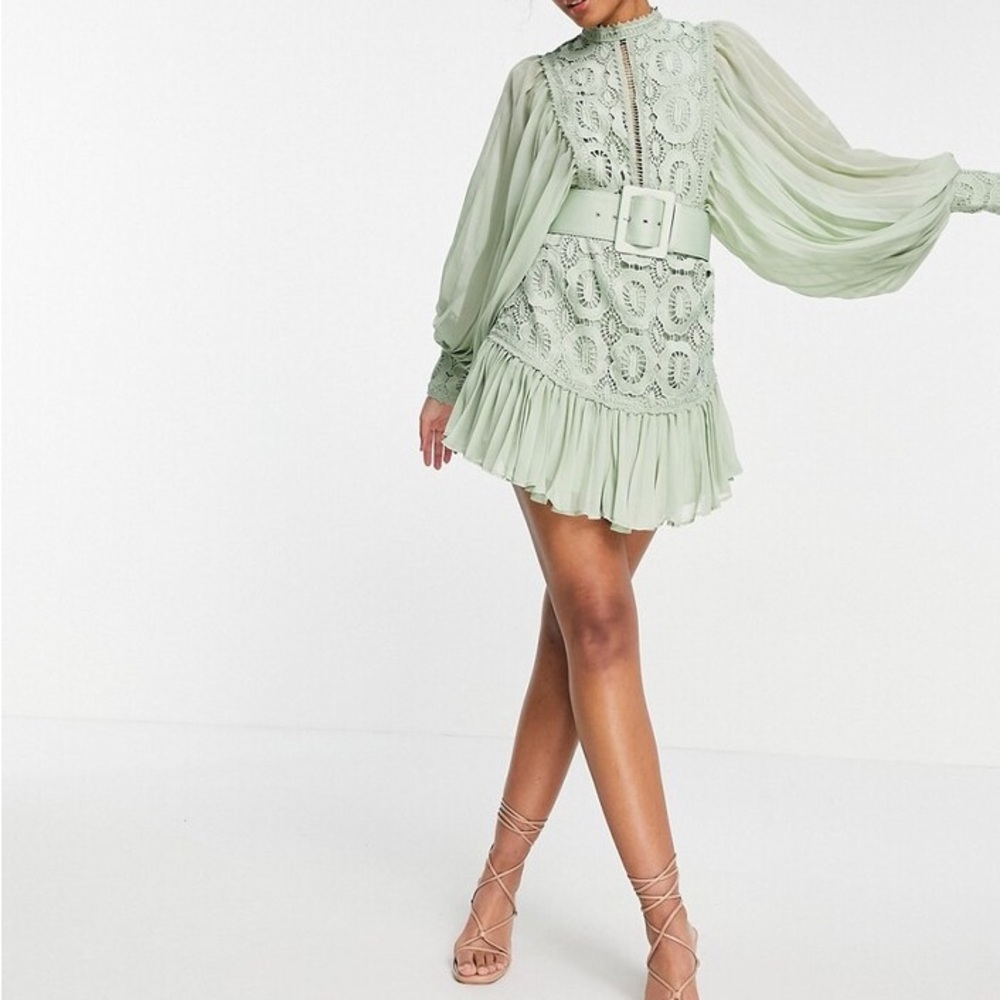 ASOS DESIGN Lace Mini Dress w/Pleated Sleeve and Belt in Sage NWT- too small 😫